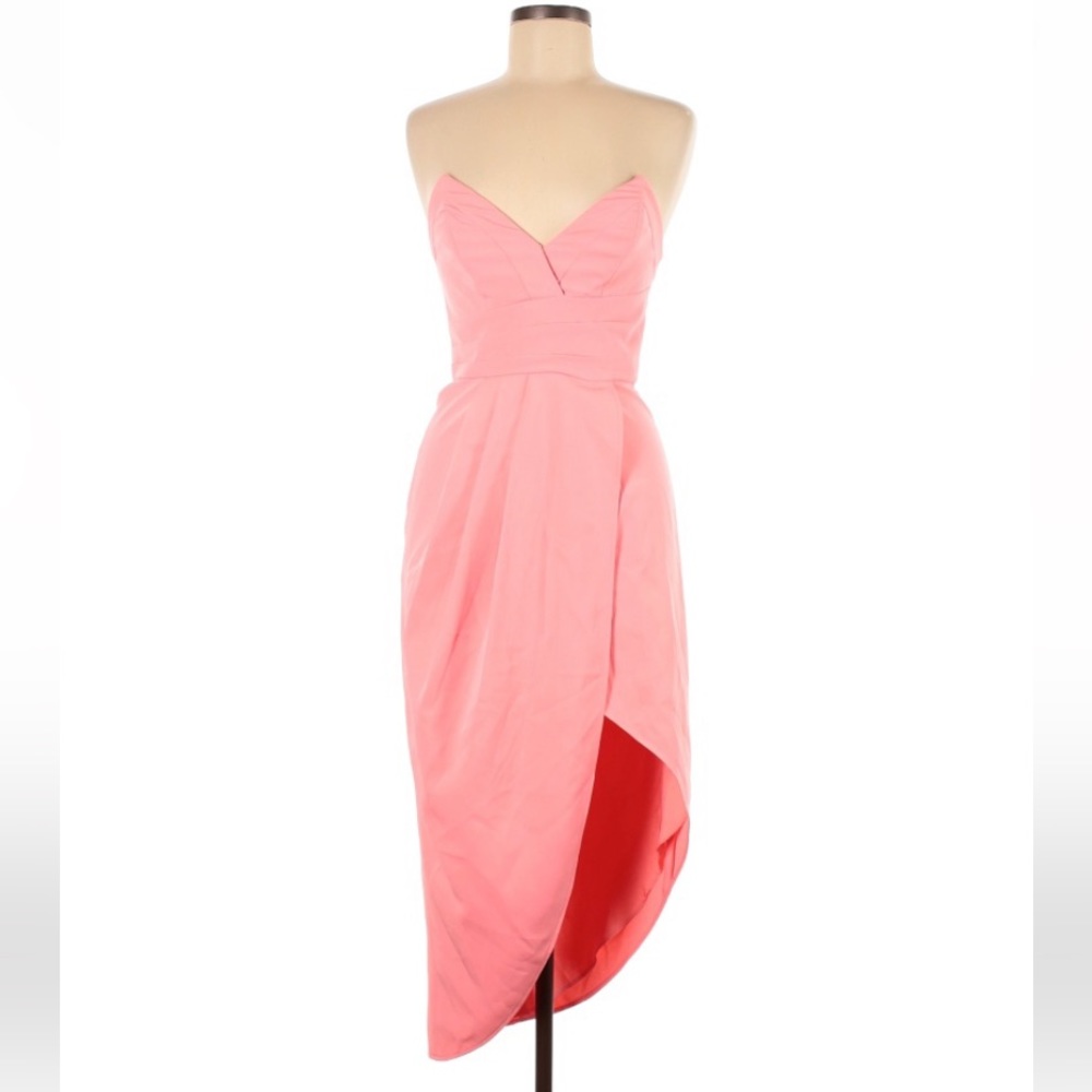 Lovers+Friends pink, strapless, plunge, midi, ruched cocktail party dress